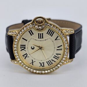 Charming Charlie Women’s Watch 40MM Gold Dial Black Leather Bands New Battery